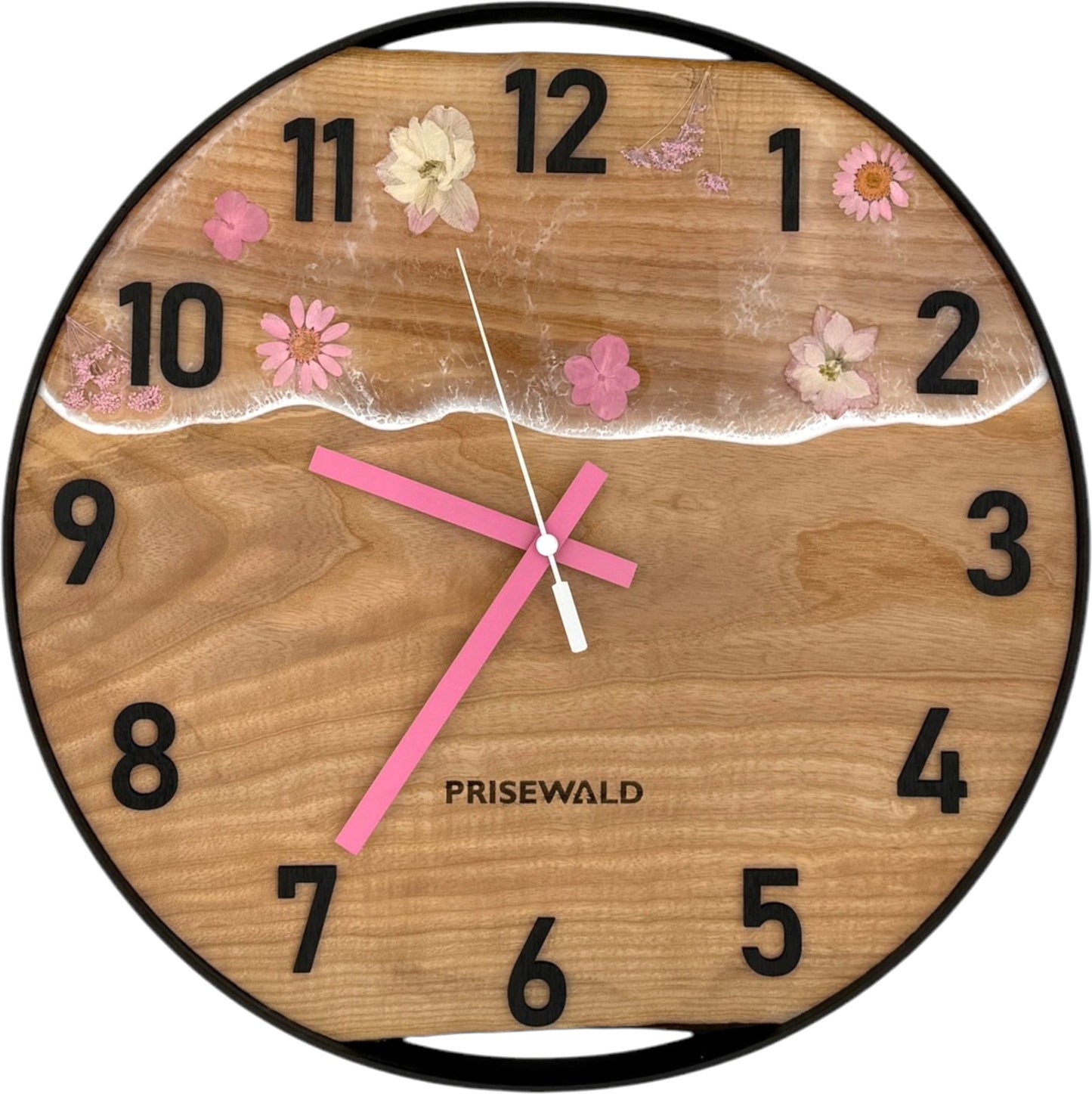 Runde Wanduhr aus Eschenholz, 35 cm, schwarzer Rahmen, arabische Ziffern, Durchsichtiges Epoxidharz, Rosa Blumen 🌸