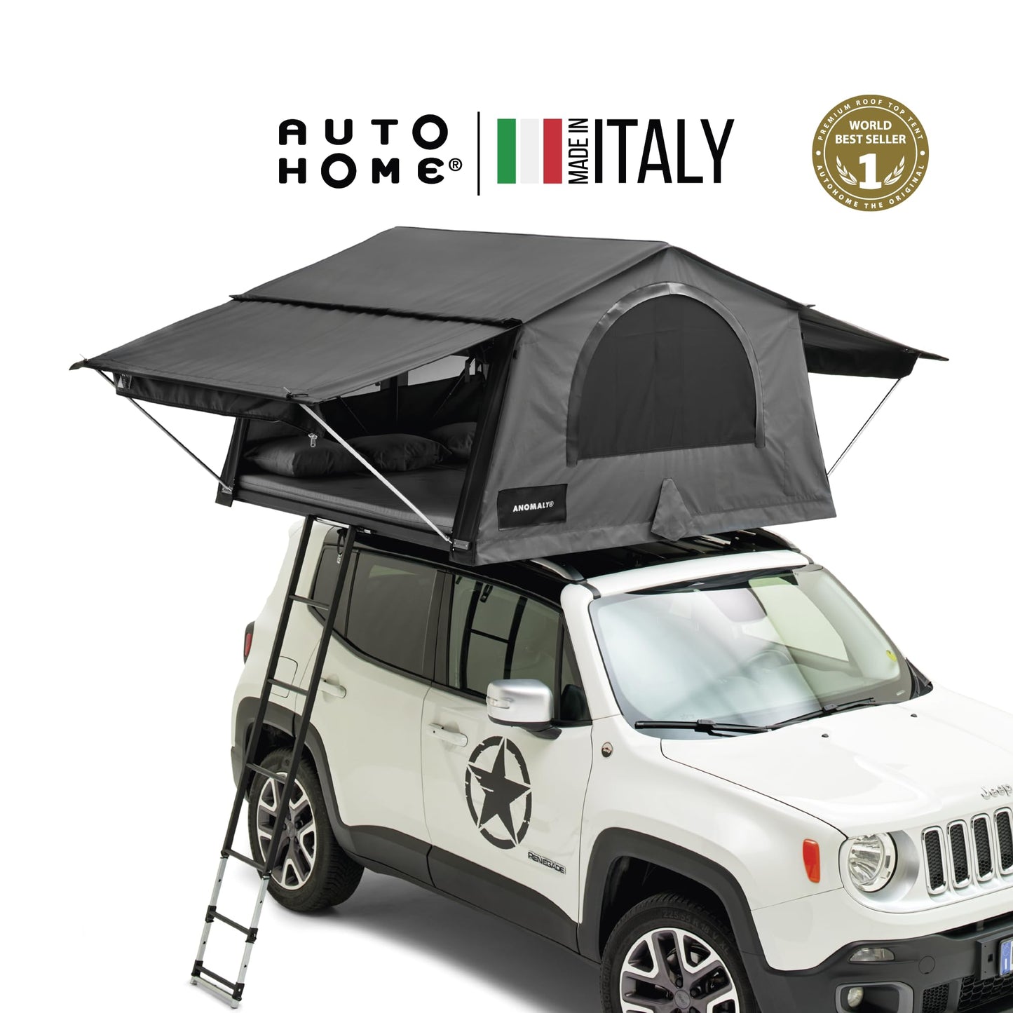 Autodachzelt Anomaly 1.0 – Geräumig & Widerstandsfähig, Wasserdicht & Atmungsaktiv – Ideal für Camping mit Matratze, Verdunkelnden Moskitonetzen & Markise – Made in Italy