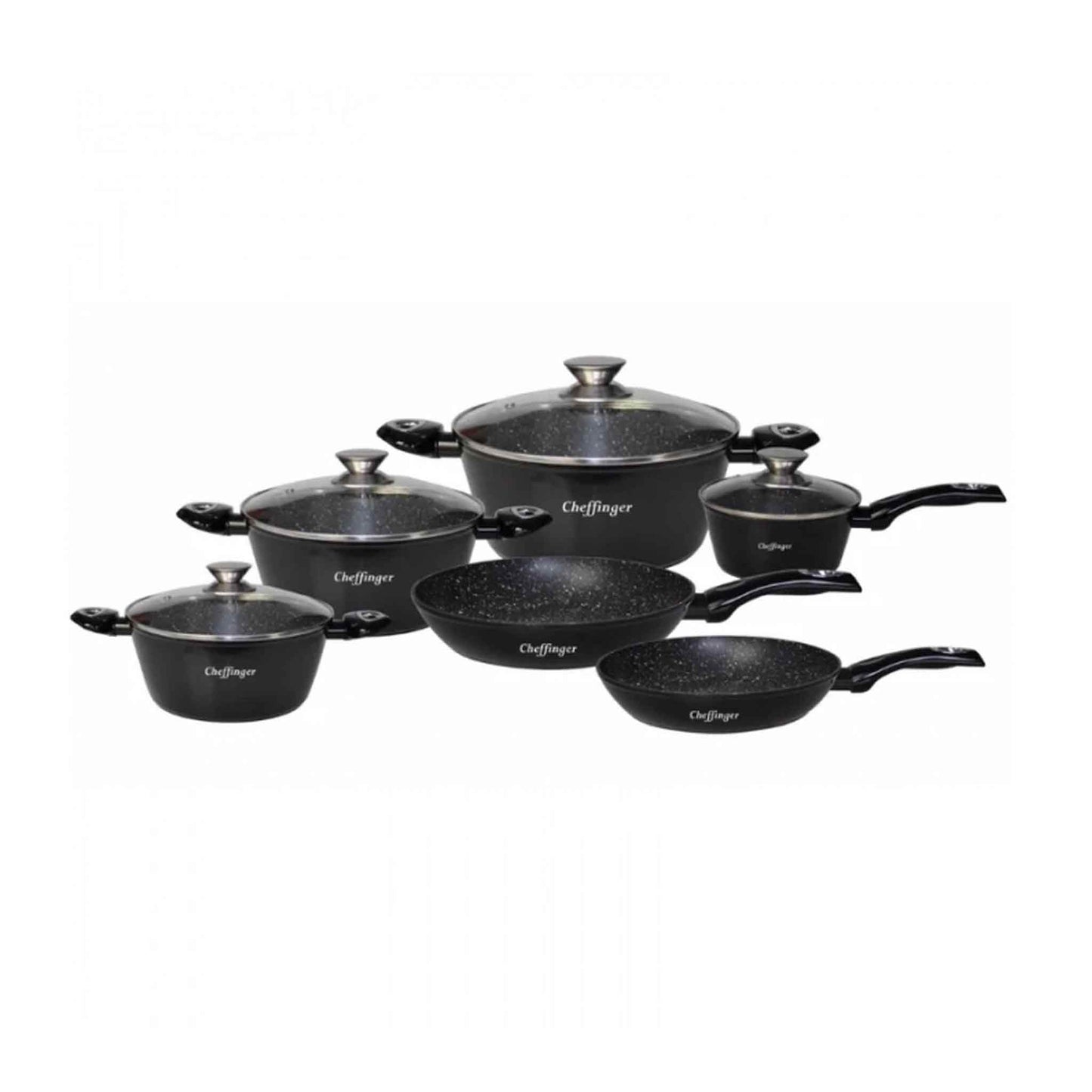 Produktbeschreibung
Das 10-teilige Kochgeschirr-Set von Cheffinger mit Marmorbeschichtung ist eine stilvolle und funktionale Kollektion von Töpfen und Pfannen, die Ihr Kocherlebnis auf ein neues Niveau heben wird. Das Set umfasst Töpfe und Pfannen in verschiedenen Größen und Ausführungen, darunter ein kleiner, ein mittlerer und ein großer Schmortopf, eine kleine Stielkasserolle, eine mittlere Bratpfanne und eine große Sauteuse.
Alle Teile des Sets sind mit wunderschönem, robustem Marmor überzogen und verle
