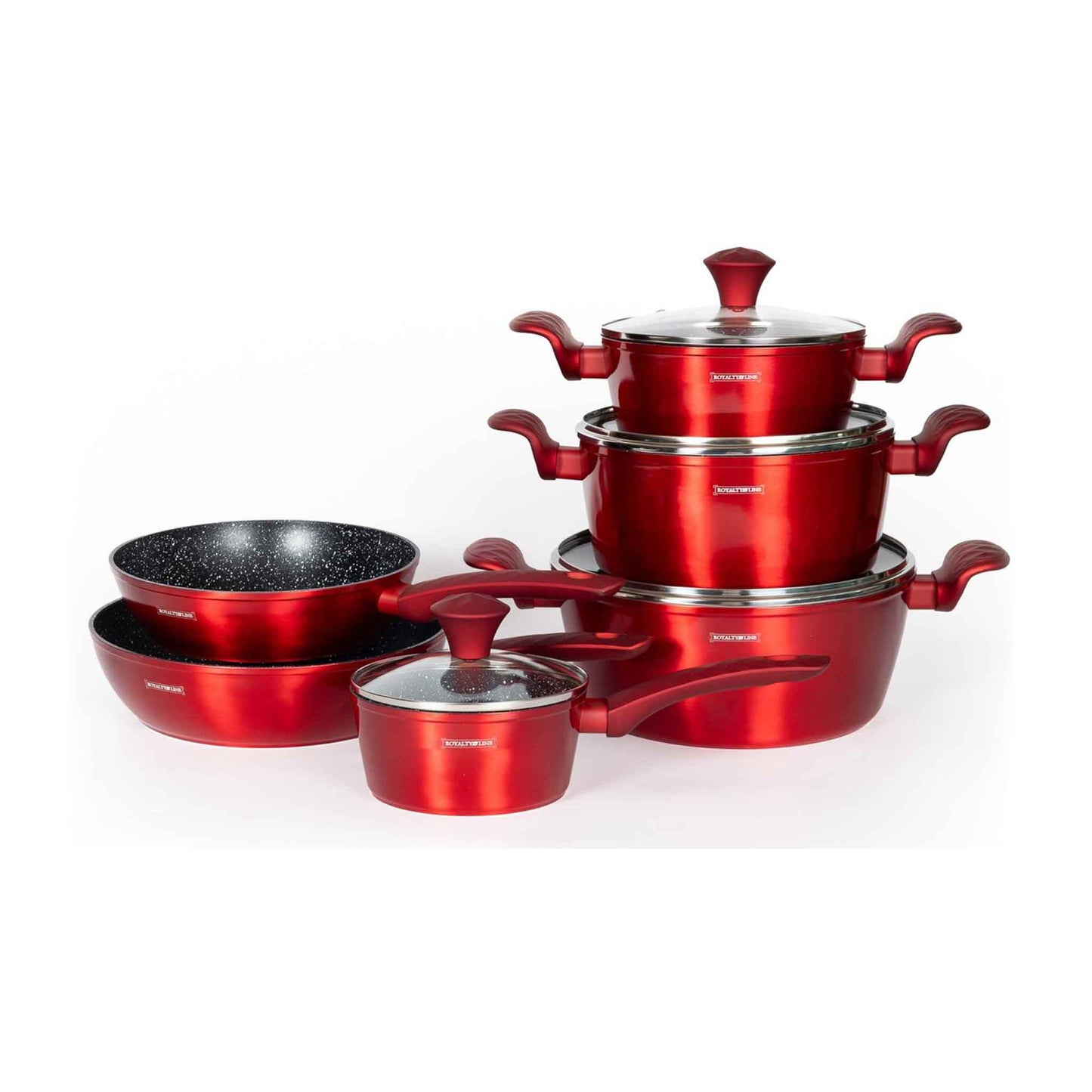 Royalty Line® FD10R Induktionskochgeschirr-Set – Luxuriöses 10-teiliges Kochgeschirr-Set – Geeignet für alle Herdarten – PFAS-frei – Pfanne mit Antihaftbeschichtung – Metallic-Rot