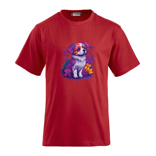T-Shirt inklusive bedrucktem Motiv eines süssen Hundes in Blumen. Ein individueller Wunschtext kann hinzugefügt werden.