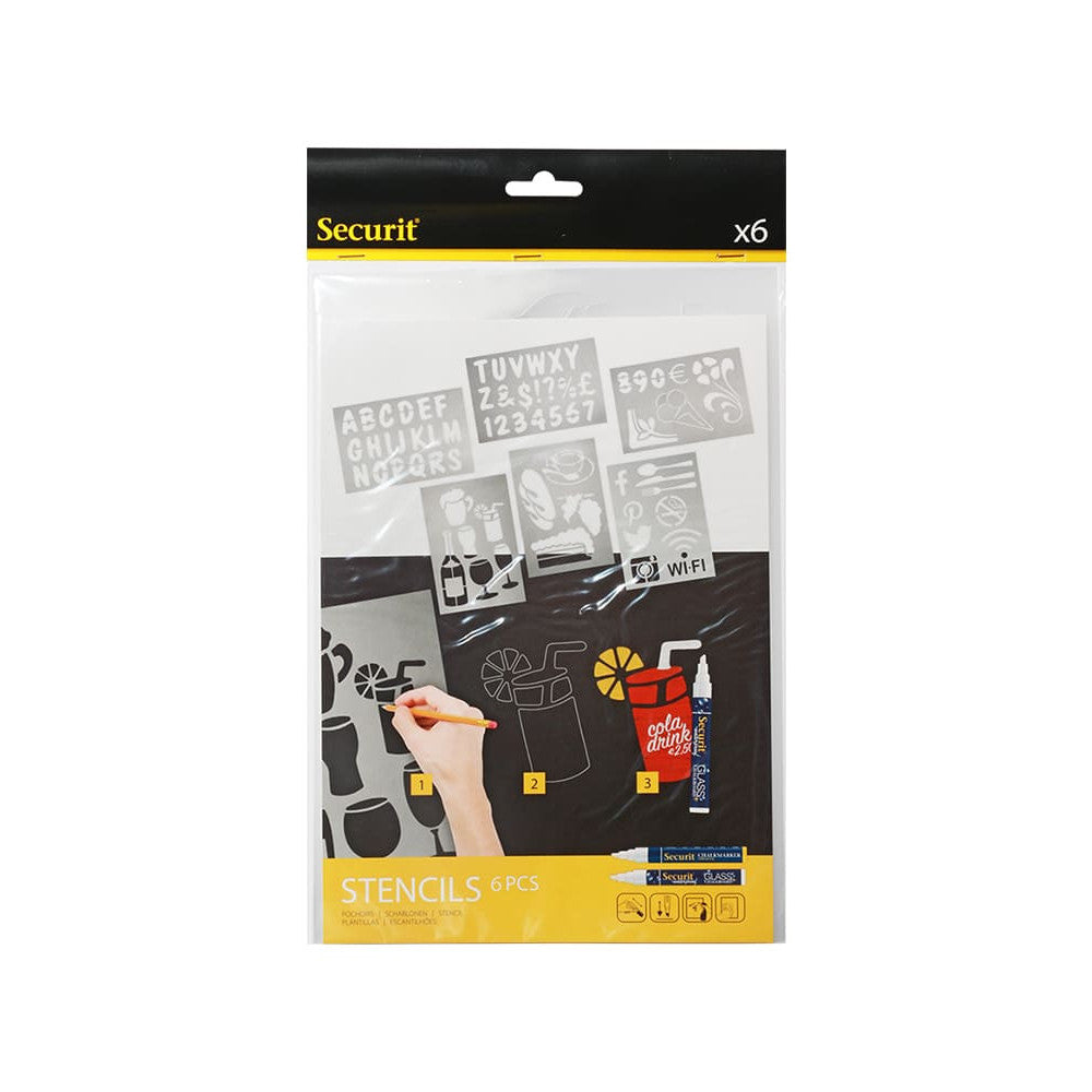 Securit® Kreidetafel Schablonen, 6er-Set, ABC, ZAHLEN, MOTIVE und ZEICHEN