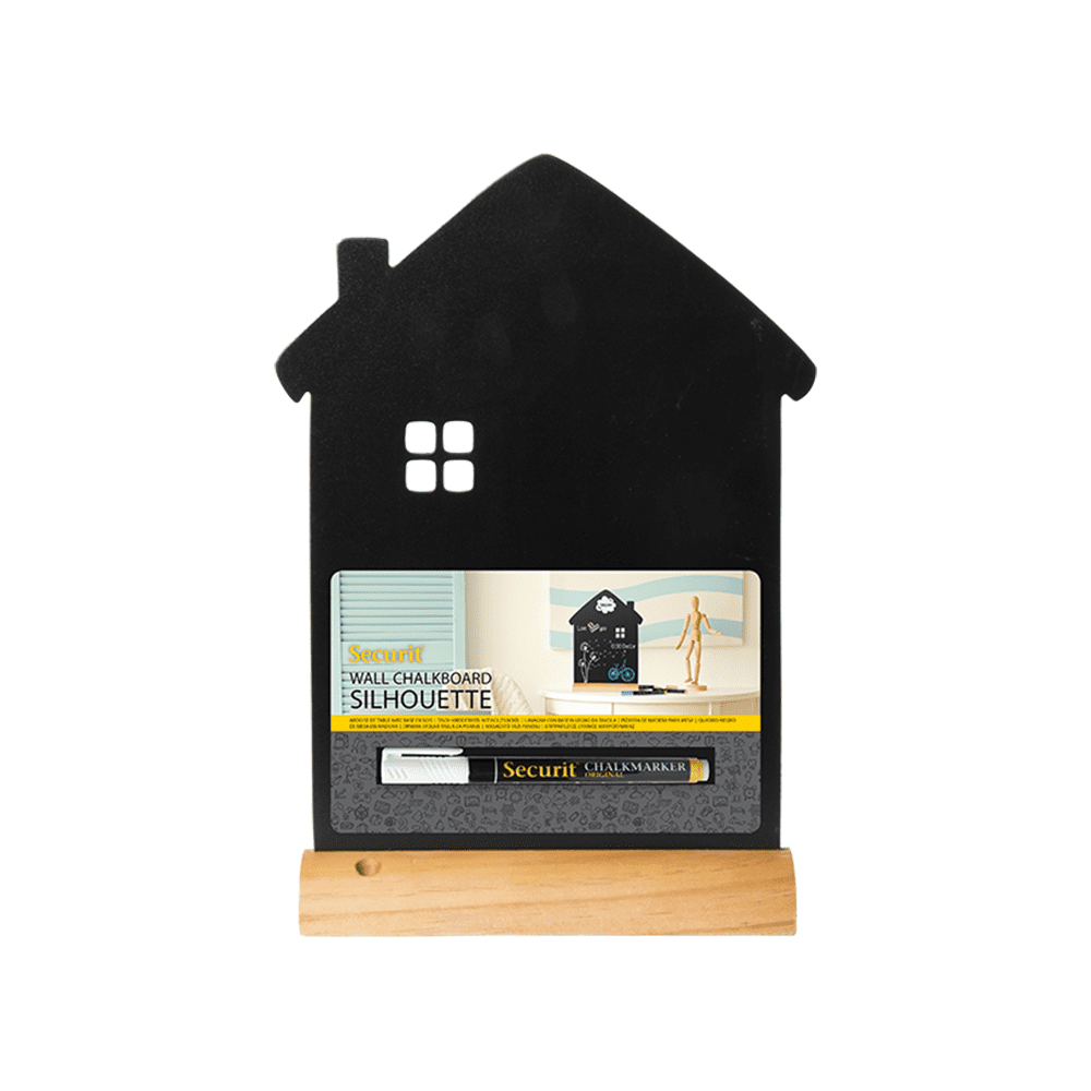 Securit® Tischkreidetafel „Haus“ Aufsteller 23×32 cm mit Holzfuss