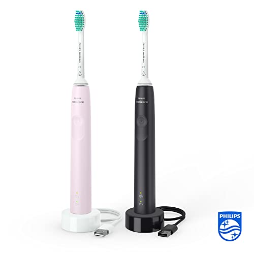 Philips Sonicare 3100 – 2 x elektrische Schallzahnbürste, in Schwarz und Sugar Rose mit 2 x C2 Optimal Plaque Defense-Bürstenköpfen (Modell HX3675/15)