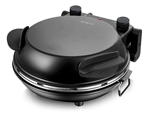 Emerio Pizzaofen, Platte aus feuerfestem Stein, backt Pizza in kurzer Zeit (auch für TK Pizza), 31.5 cm Durchmesser, 1200 Watt, Timer, BPA frei, Pizzaheber aus Edelstahl, PM-129032.2, Schwarz