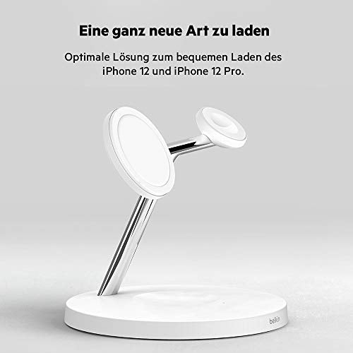 Belkin BoostCharge PRO drahtloses 3-in-1-Ladegerät mit MagSafe für iPhone 14, 13, 12 + Apple Watch + AirPods (lädt iPhone 14-Modelle magnetisch mit bis zu 15 W auf)