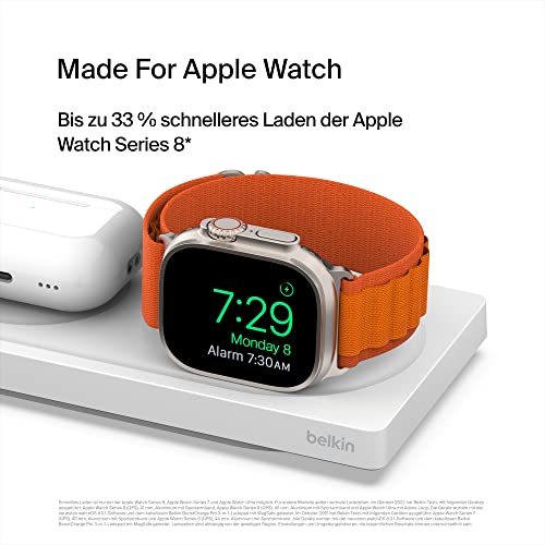 Belkin MagSafe drahtloses 3-in-1-Ladegerät, MFi-zertifiziertes Ladepad für die iPhone 14/14 Plus, iPhone 13 und 12-Serie Pro, Pro Max, mini, Apple Watch 8, 7, 6, Ultra und älter, AirPods 3, 2, Pro