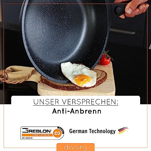 DIVORY Pfannenset 3-teilig Pfanne 20cm, 24cm, 28cm mit abnehmbaren Griff, Induktion, Antihaft-Beschichtete Bratpfanne hoch + Pfannenschoner - Induktionspfanne