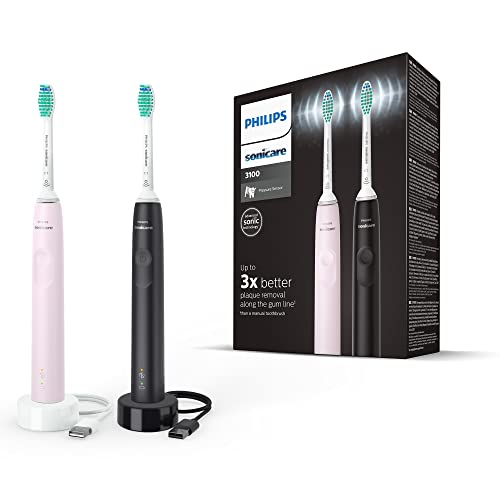 Philips Sonicare 3100 – 2 x Elektrische Schallzahnbürste, Schwarz und Sugar Rose mit 2 x C2 Optimal Plaque Defense-Bürstenköpfen (Modell HX3675/15) - Entfernen Sie Plaque effektiv mit Philips Sonicare!