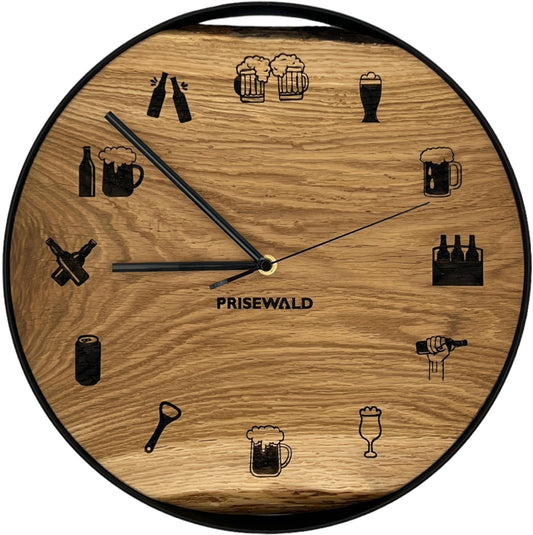 Runde Wanduhr aus Eichenholz, 35 cm, schwarzer Rahmen, Sonderziffern Bier