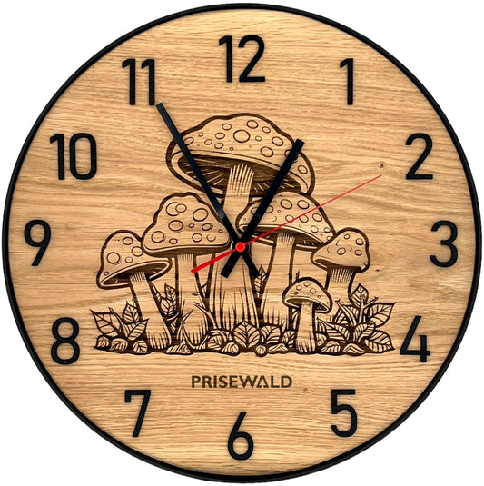 Runde Wanduhr aus Eichenholz, 35 cm, schwarzer Rahmen, arabische Ziffern, Pilze