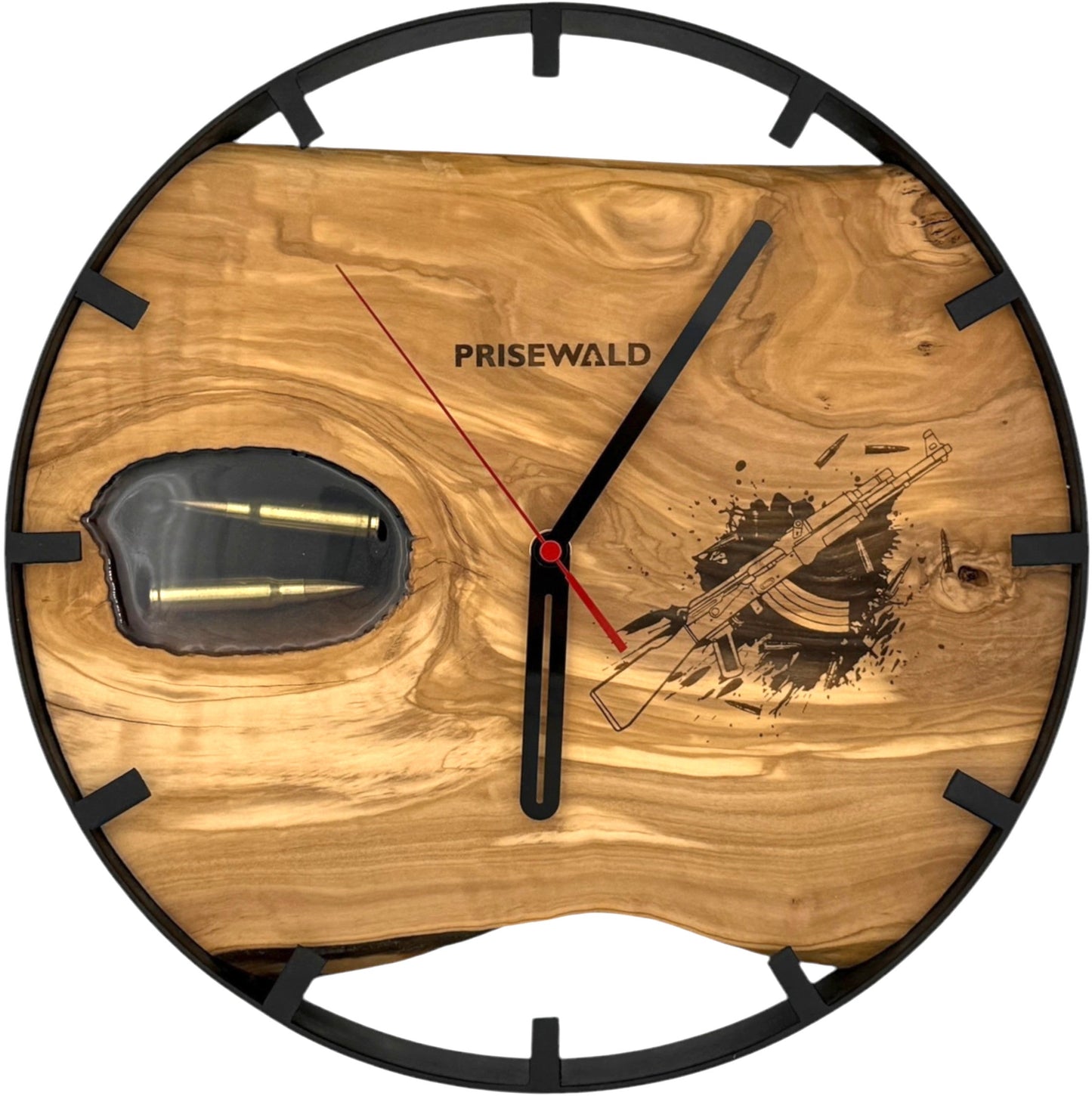Runde Wanduhr aus Olivenholz, 35 cm, schwarzer Rahmen, Teilstriche Ziffern, Kalashnikov AK-47, Patronen