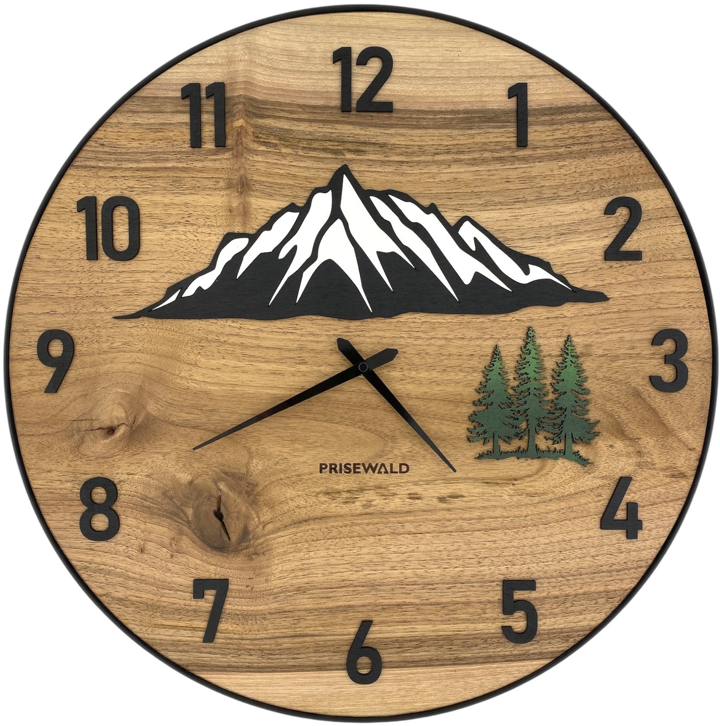 Runde Wanduhr aus Walnussholz, 50 cm, schwarzer Rahmen, arabische Ziffern, Wald, Verschneite Berge