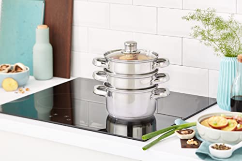 KitchenCraft 3 Kochtopf Set, Dampfgarer/Suppentopf Steamer 3-stufig, Induktionssicher, Edelstahl, in Geschenkbox, 16 cm (6''), Silber