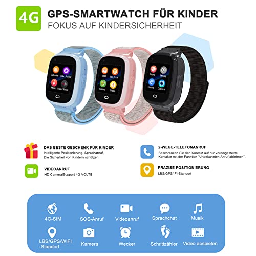 Kopie von PTHTECHUS® Kinder Smartwatch Telefon mit GPS 4G, Videoanruf Sprachchat Kinder Anrufen Uhr mit GPS Tracker SOS Kamera APP-Verwaltung Armband Kompatibel Android und IOS für Jungen Mädchen Geschenk