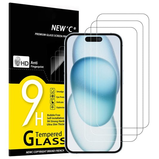 NEW'C 3 Stück, Panzer Schutz Glas für iPhone 16, iPhone 15, iPhone 15 Pro (6,1 Zoll), Frei von Kratzern, 9H Härte, HD Displayschutzfolie, 0.33mm Ultra-klar, Ultrabeständi