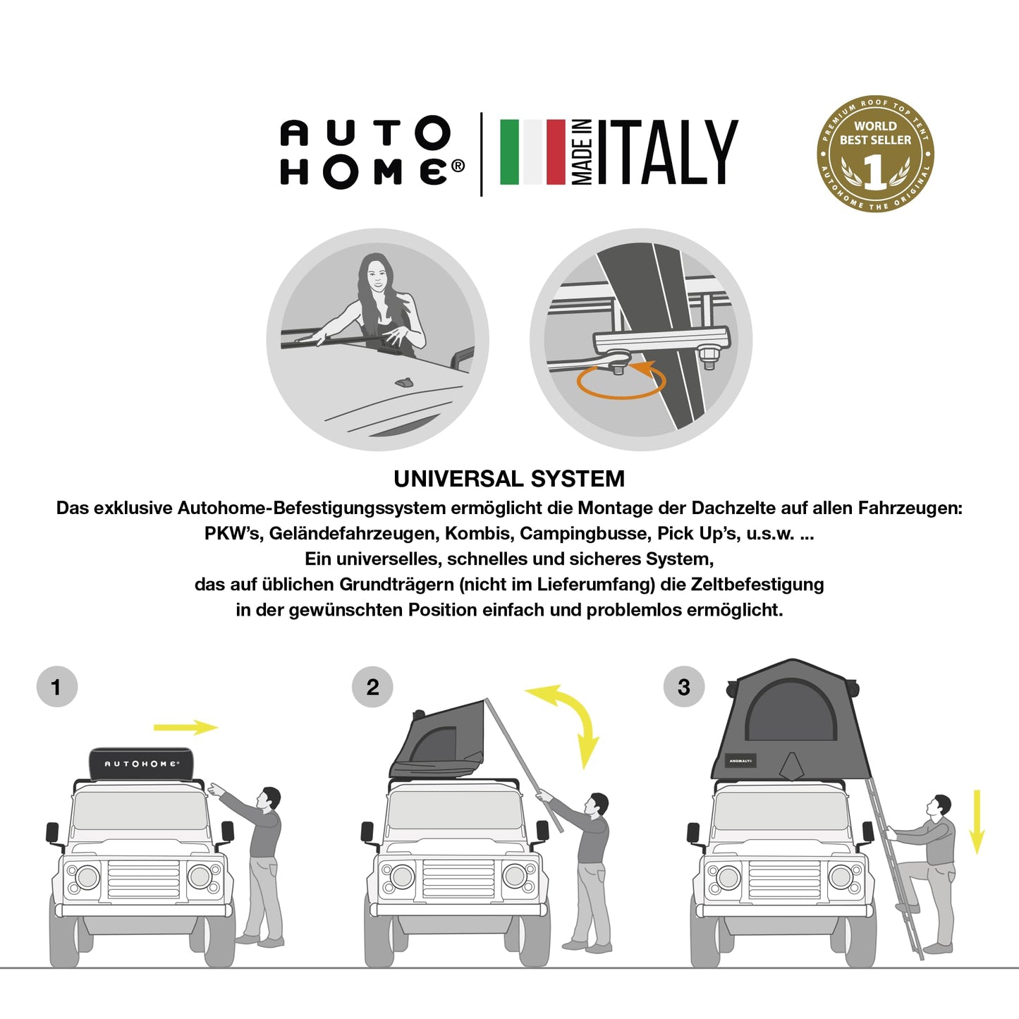 Autodachzelt Anomaly 1.0 – Geräumig & Widerstandsfähig, Wasserdicht & Atmungsaktiv – Ideal für Camping mit Matratze, Verdunkelnden Moskitonetzen & Markise – Made in Italy