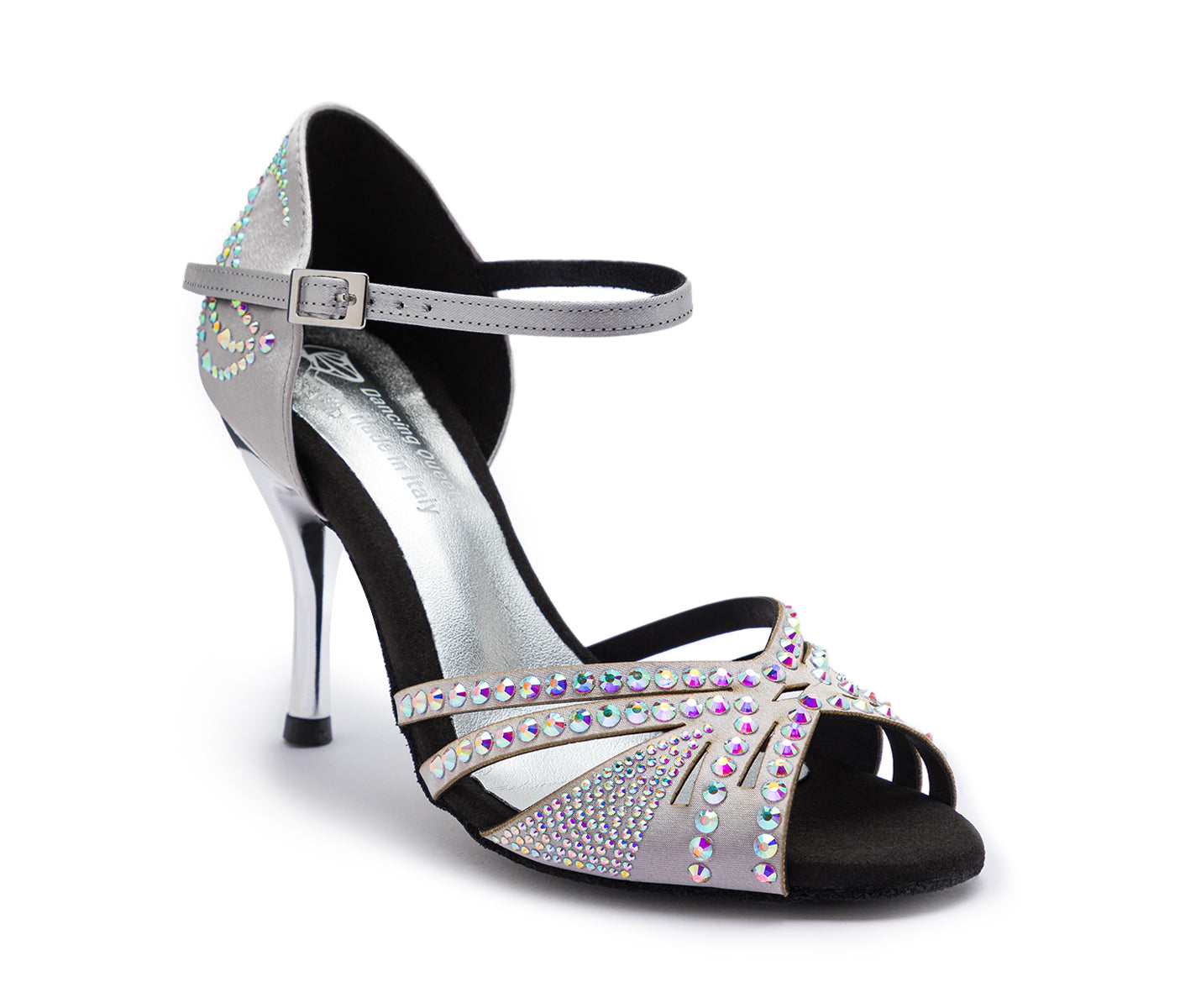 Sparkle Shine Tanzschuhe in Silber Satin mit dunkler Sohle