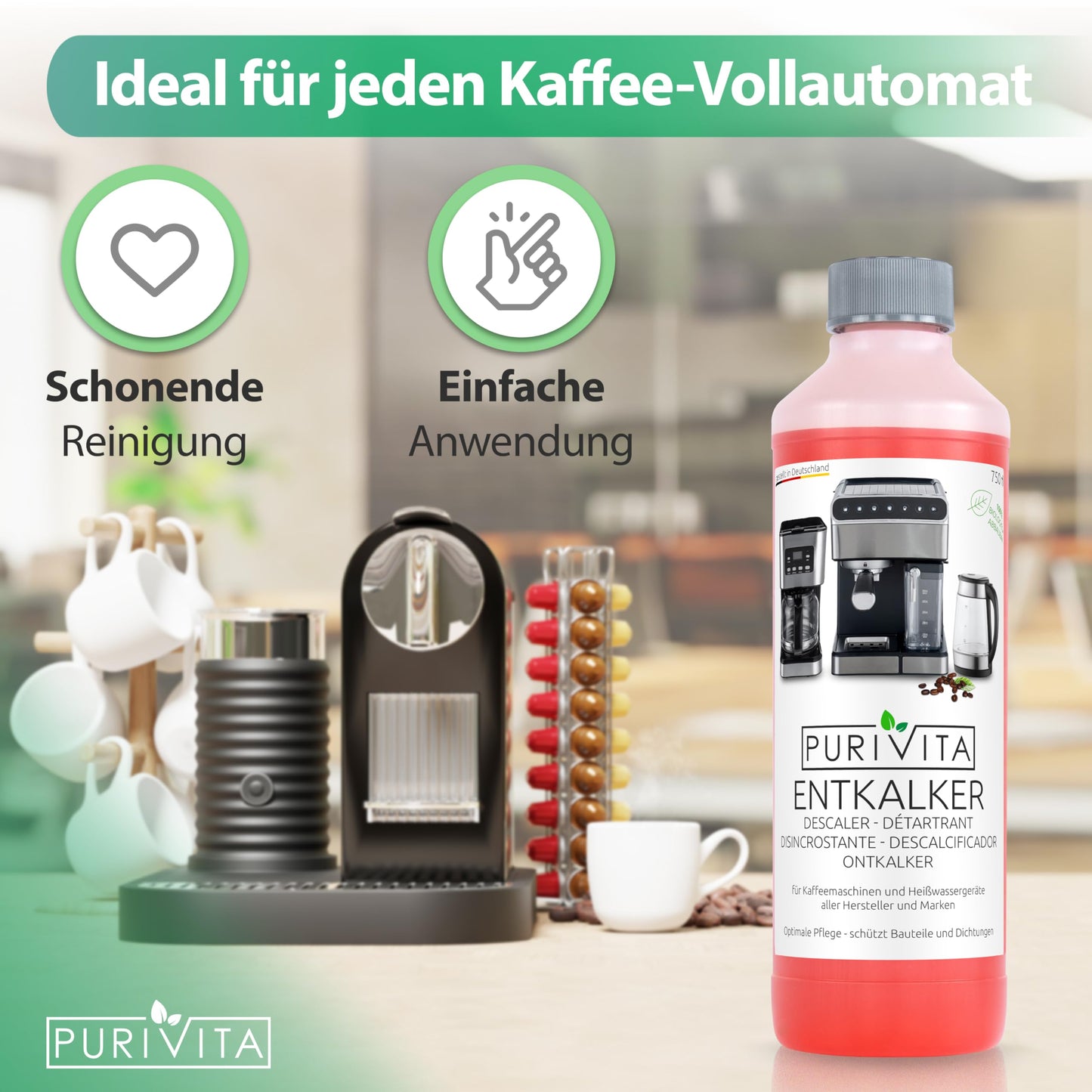 PURIVITA® Universal Entkalker Kaffeevollautomat [2x750ML] - Kaffeemaschinen Entkalker Flüssig - Flüssigentkalker Kaffeemaschine Reiniger - Kalkreiniger Kaffeevollautomaten - Für alle Kaffeeautomaten