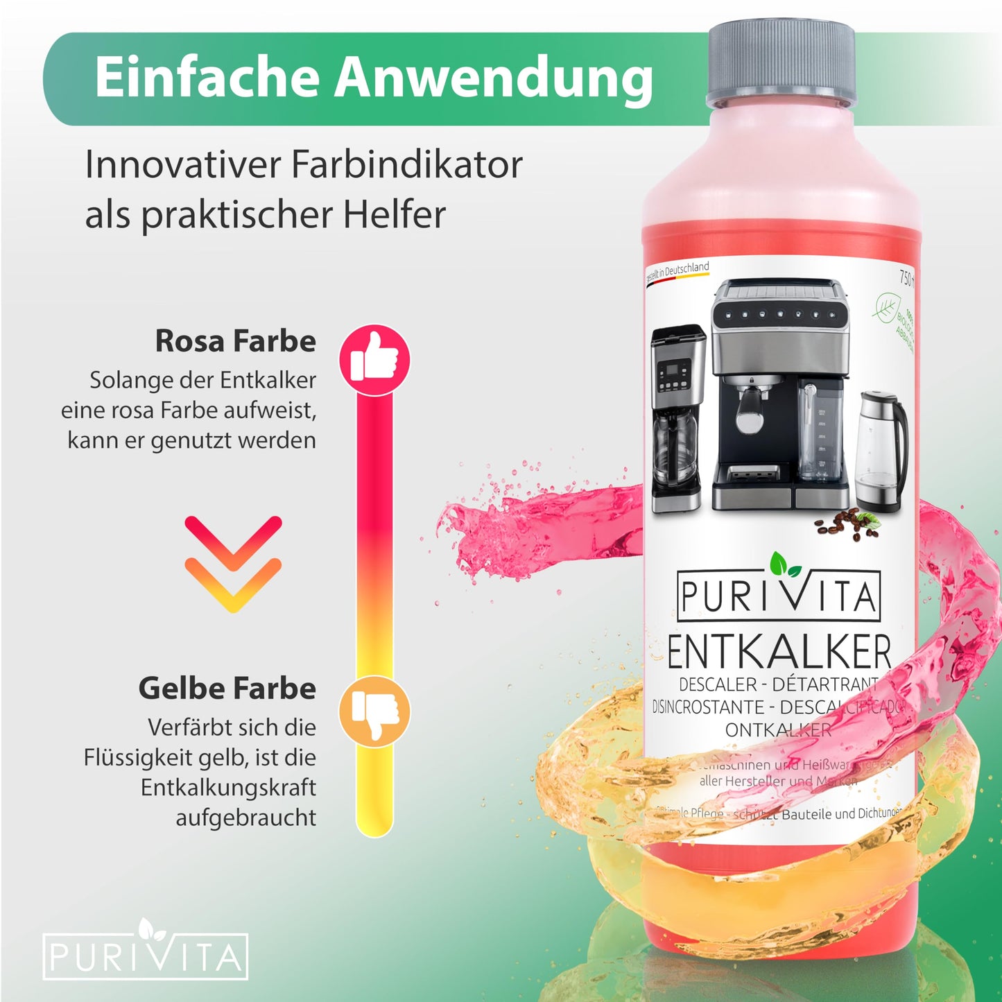 PURIVITA® Universal Entkalker Kaffeevollautomat [2x750ML] - Kaffeemaschinen Entkalker Flüssig - Flüssigentkalker Kaffeemaschine Reiniger - Kalkreiniger Kaffeevollautomaten - Für alle Kaffeeautomaten