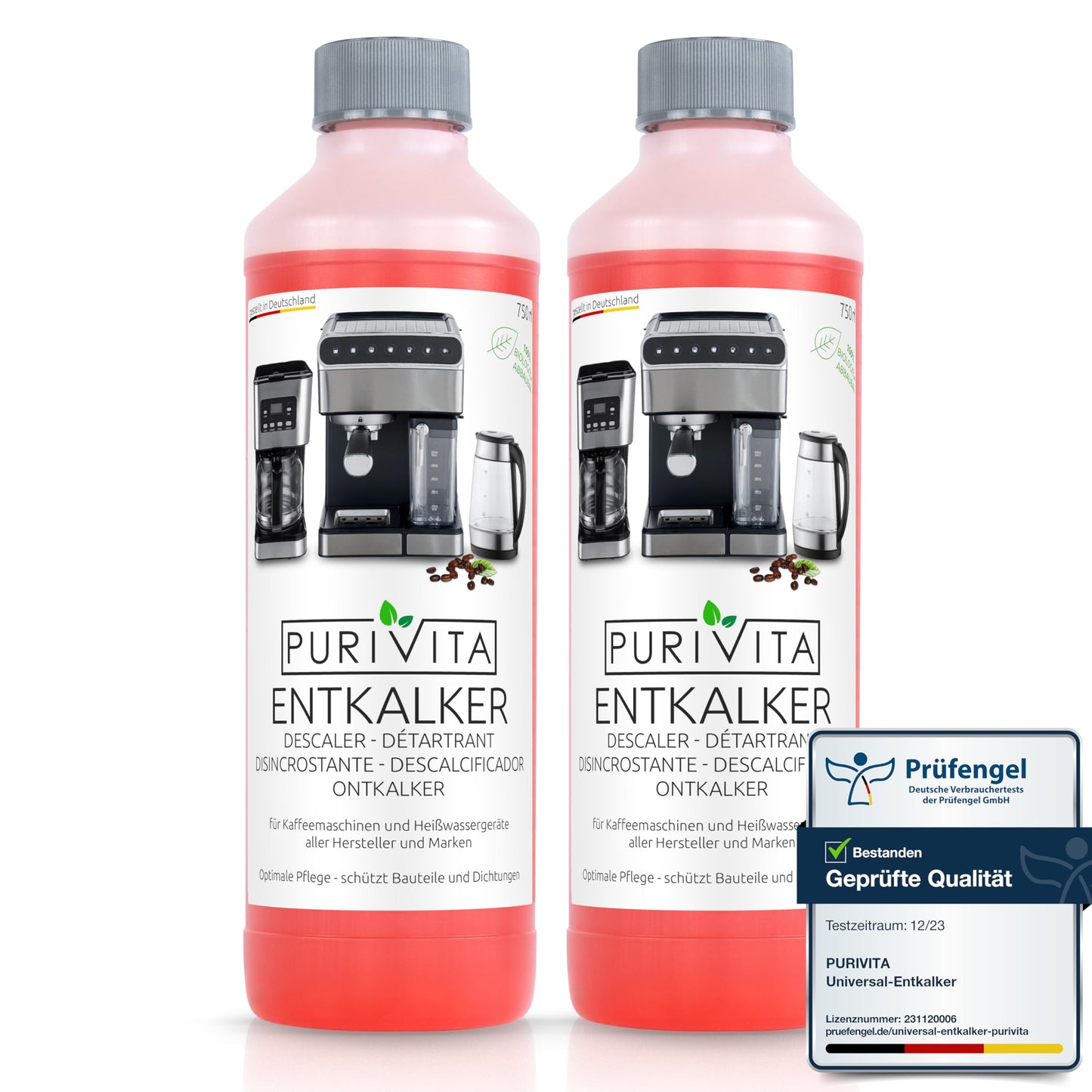 PURIVITA® Universal Entkalker Kaffeevollautomat [2x750ML] - Kaffeemaschinen Entkalker Flüssig - Flüssigentkalker Kaffeemaschine Reiniger - Kalkreiniger Kaffeevollautomaten - Für alle Kaffeeautomaten