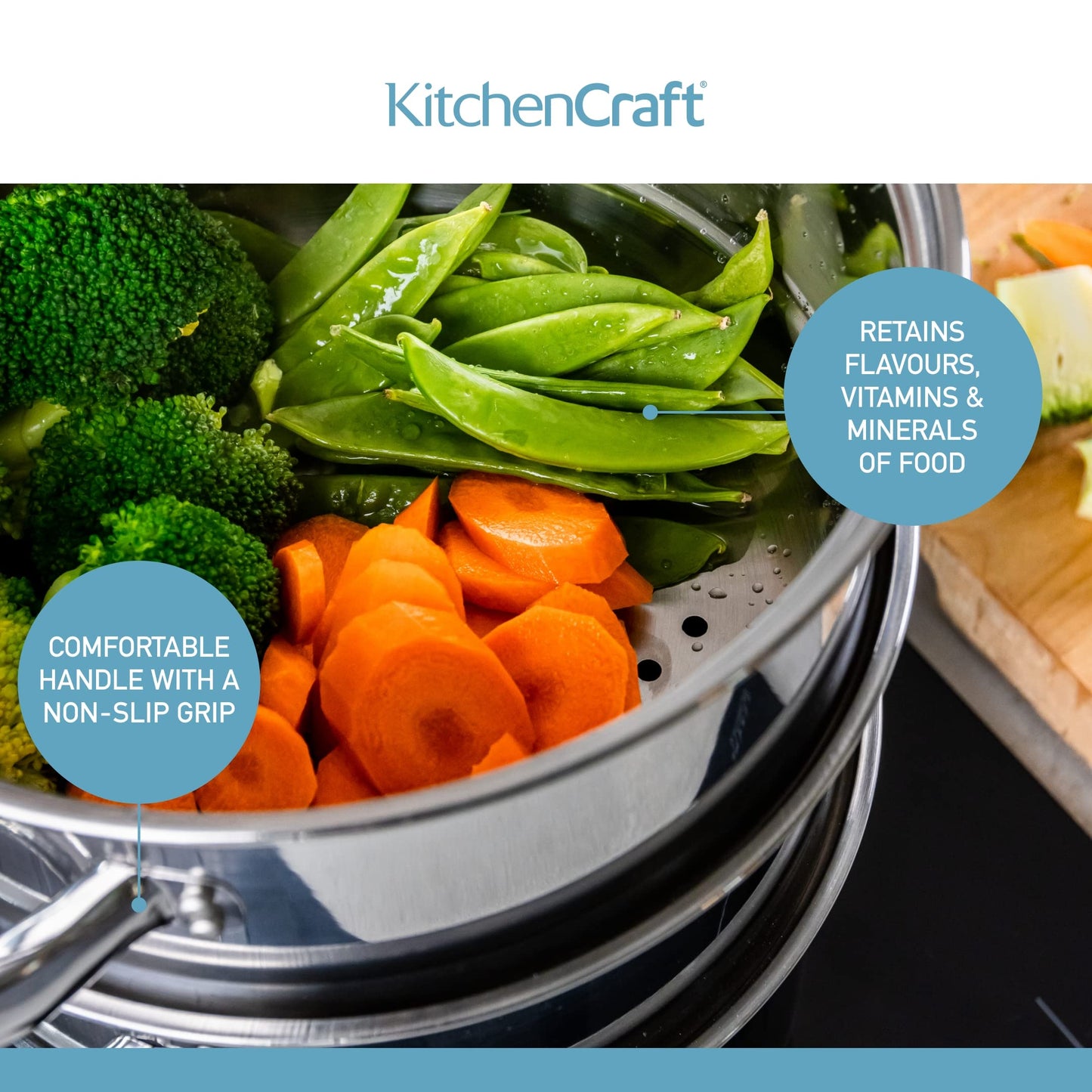 KitchenCraft 3 Kochtopf Set, Dampfgarer/Suppentopf Steamer 3-stufig, Induktionssicher, Edelstahl, in Geschenkbox, 16 cm (6''), Silber