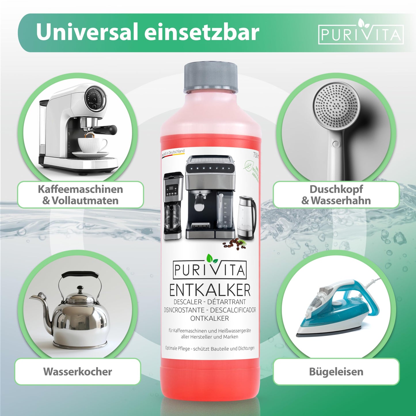 PURIVITA® Universal Entkalker Kaffeevollautomat [2x750ML] - Kaffeemaschinen Entkalker Flüssig - Flüssigentkalker Kaffeemaschine Reiniger - Kalkreiniger Kaffeevollautomaten - Für alle Kaffeeautomaten
