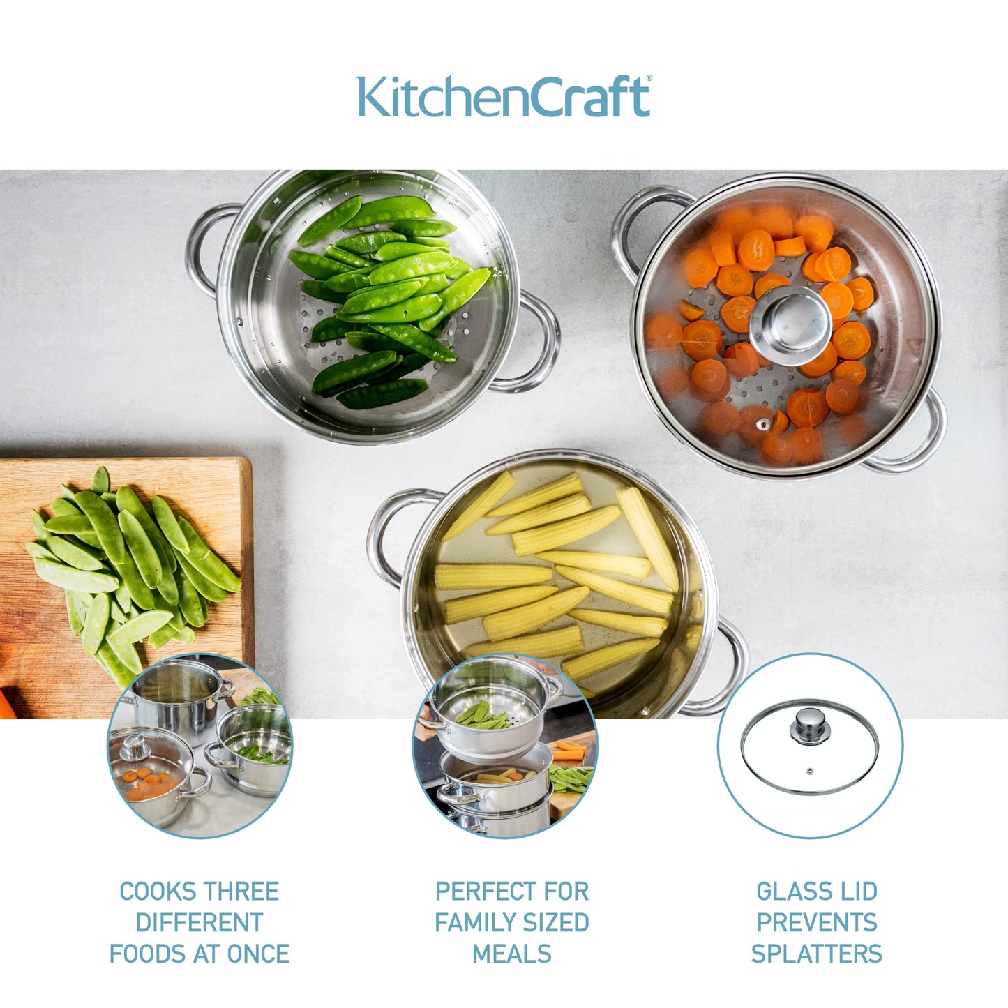 KitchenCraft 3 Kochtopf Set, Dampfgarer/Suppentopf Steamer 3-stufig, Induktionssicher, Edelstahl, in Geschenkbox, 16 cm (6''), Silber