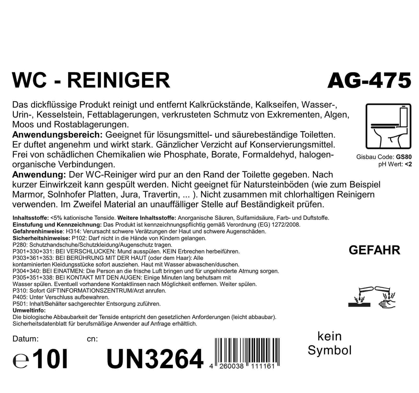WC-Reiniger, dickflüssig, pH <2, Gefahrengut UN3264, Palette mit 60 Kanister à 10 Liter