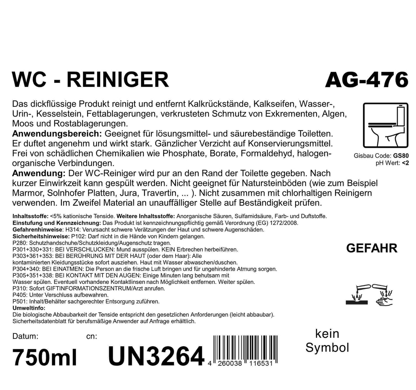 WC-Reiniger, dickflüssig, 750 ml Flasche, pH-Wert <2