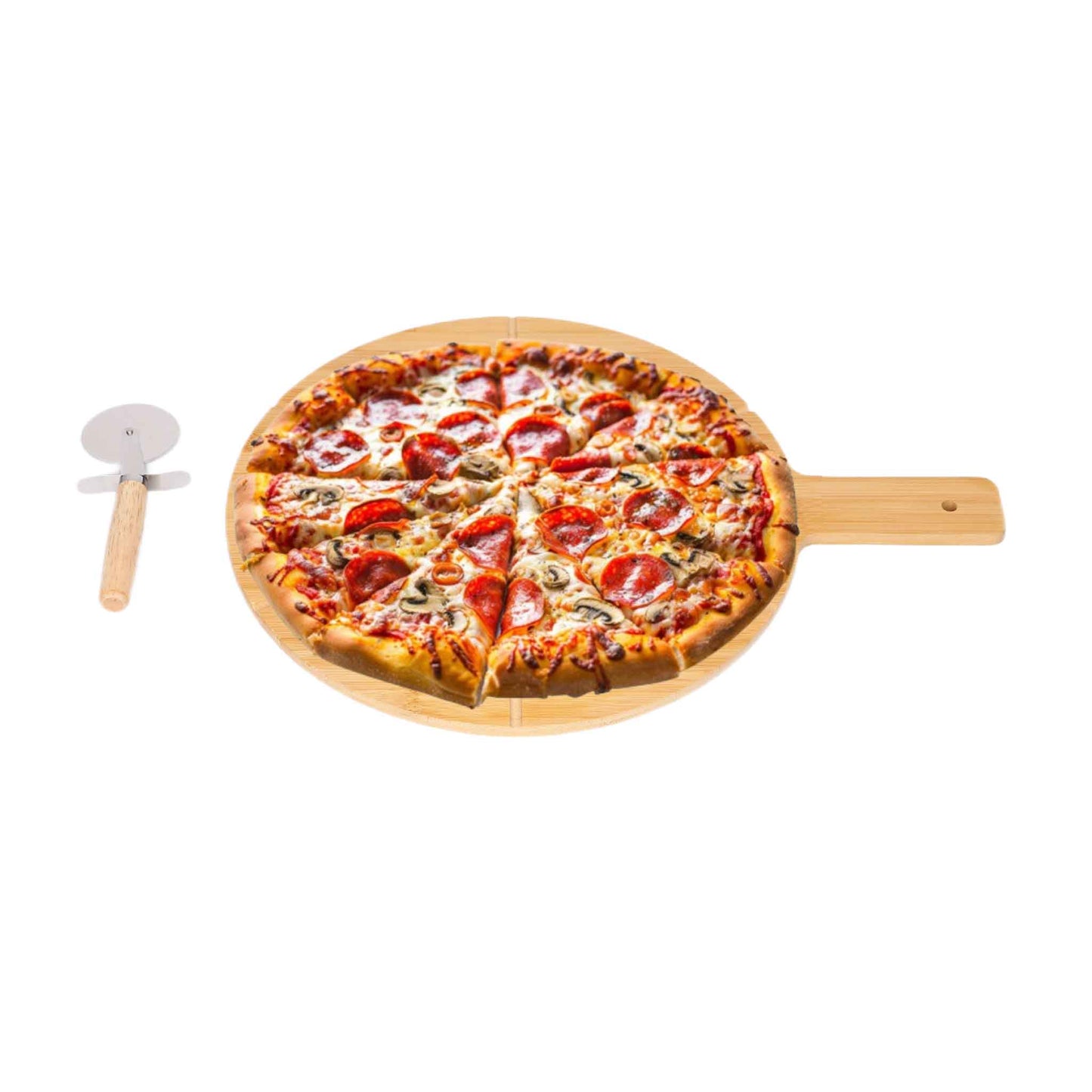 BPT50-Bambus Pizza Set 2 tlg Pizzabrett Schneider Servierbrett Pizzaschneidbrett