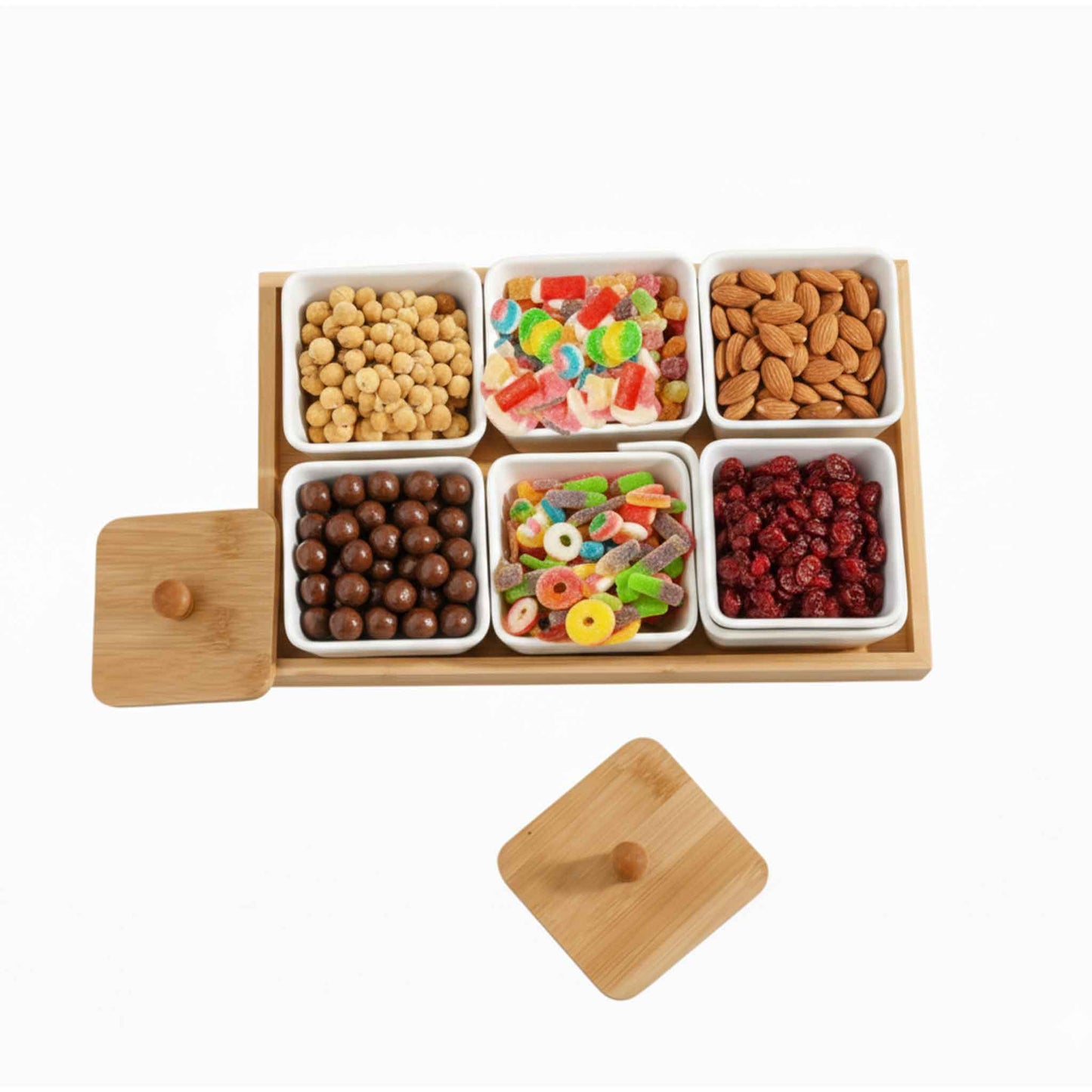 CCB6-Bambus Snackschalen Set 6 tlg Servierset Tablett Snacktablett eckig Deckel