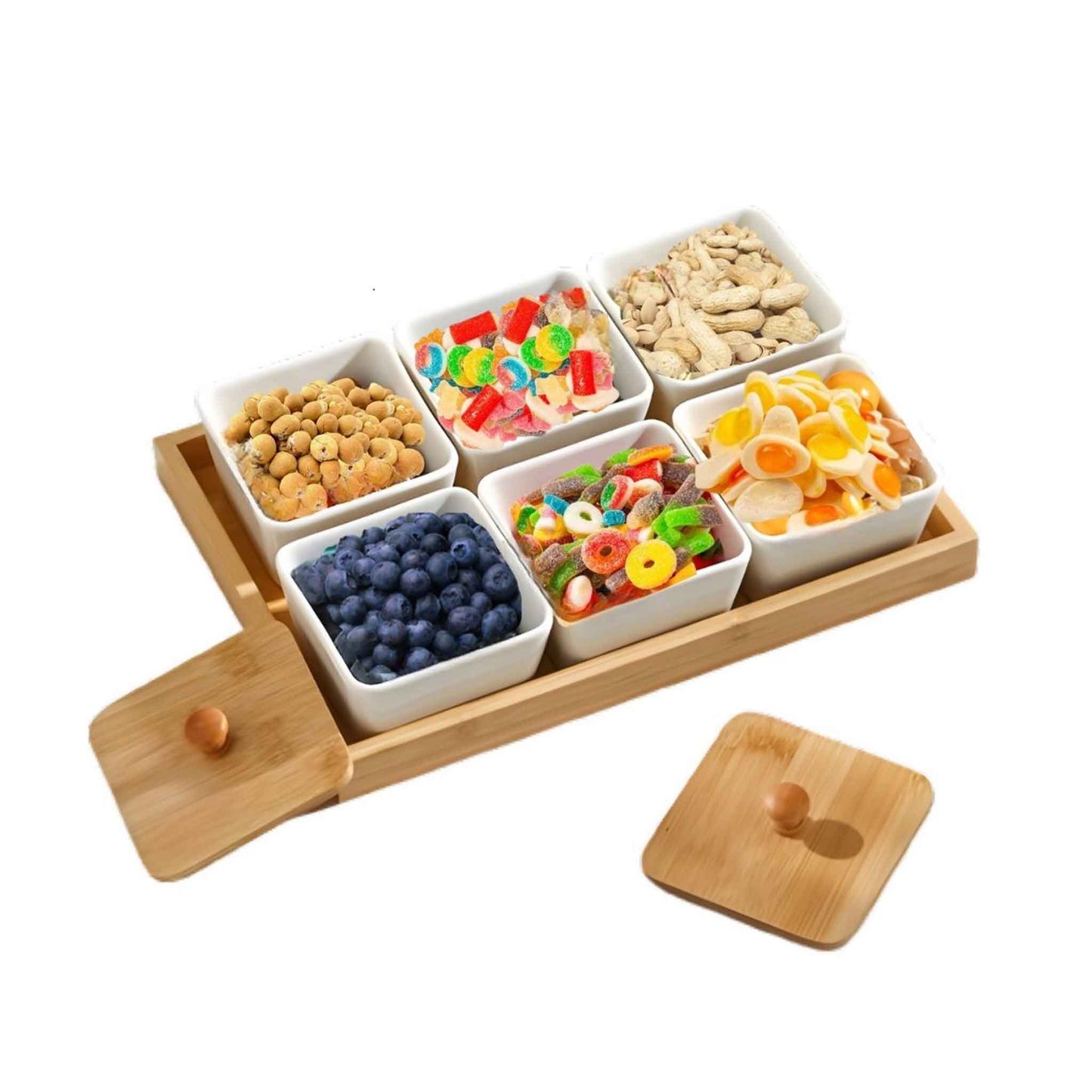 CCB6-Bambus Snackschalen Set 6 tlg Servierset Tablett Snacktablett eckig Deckel