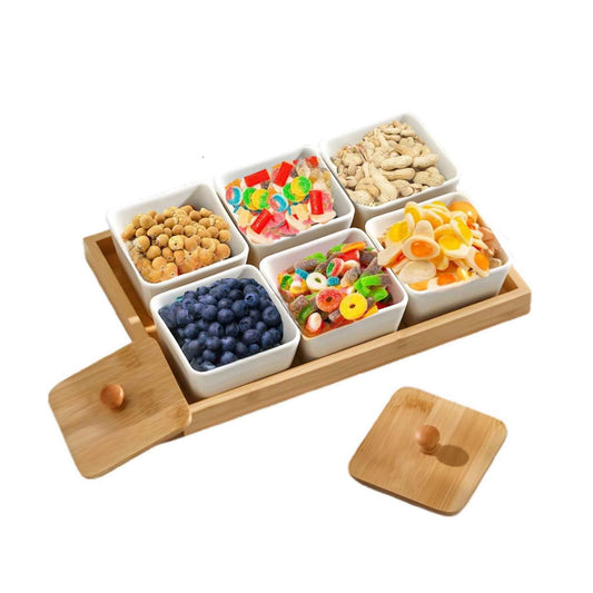 CCB6-Bambus Snackschalen Set 6 tlg Servierset Tablett Snacktablett eckig Deckel