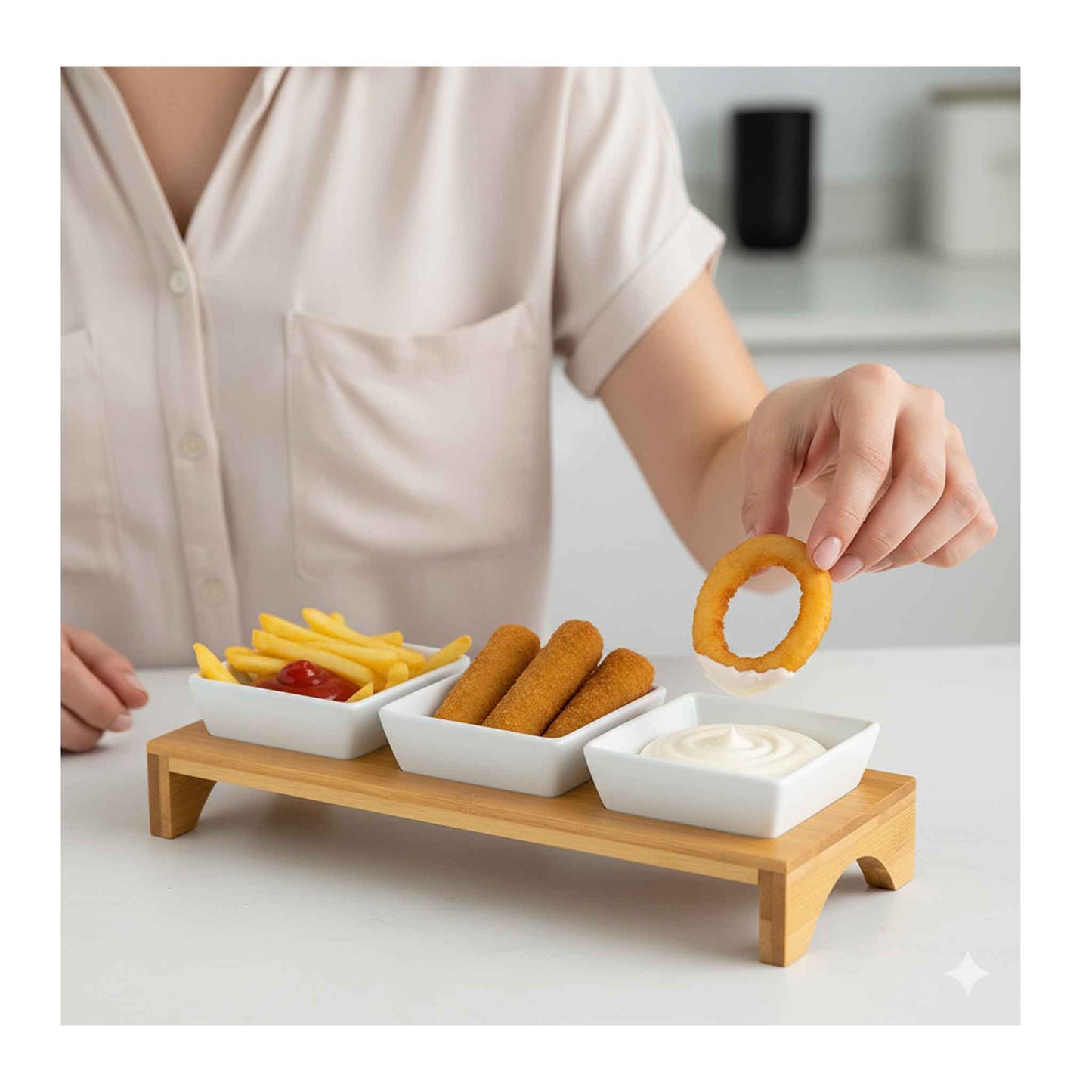 CF-5017-Bambus 4 tlg Keramik Snackschalen Set Snacks Fingerfood Servierplatte Dip