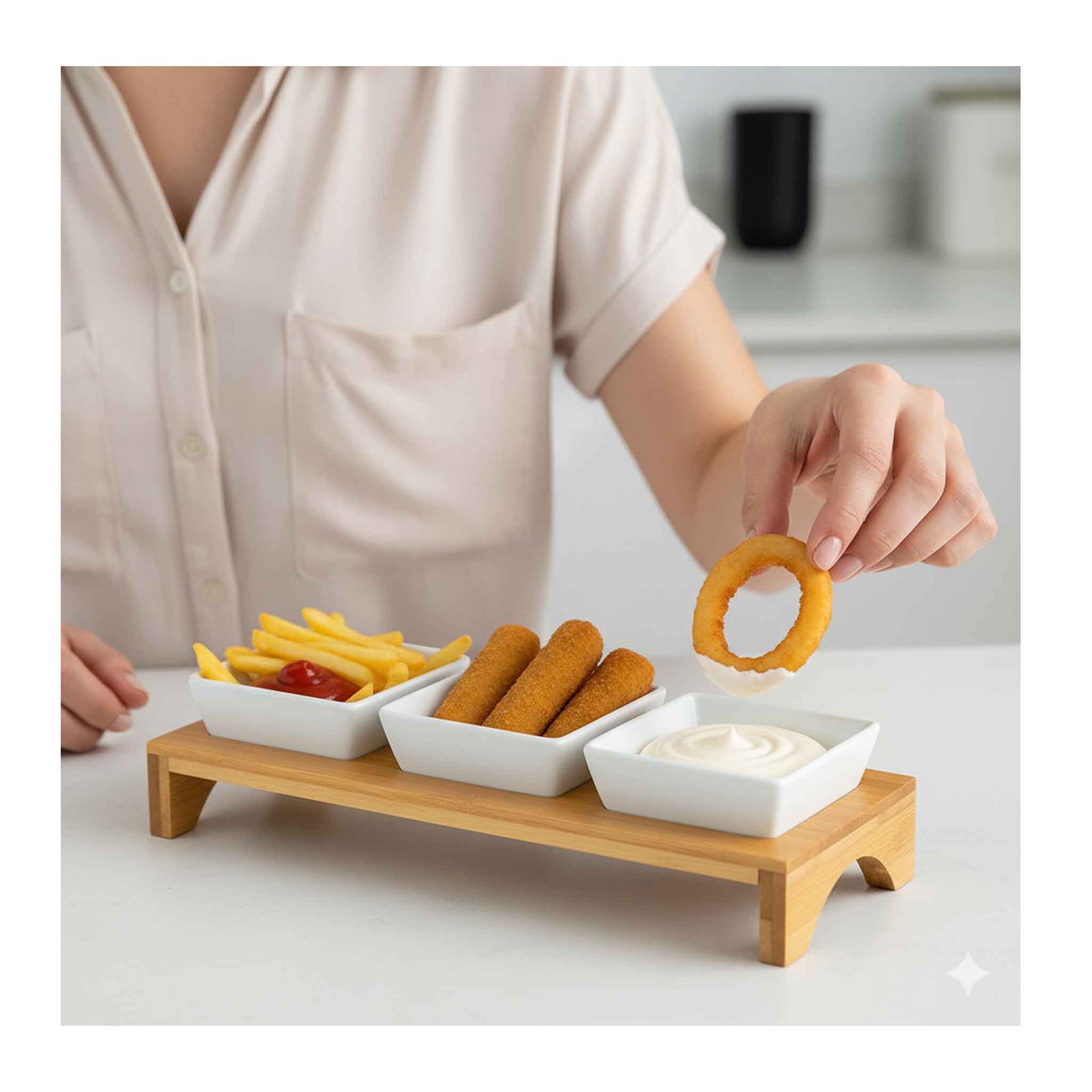 CF-5017-Bambus 4 tlg Keramik Snackschalen Set Snacks Fingerfood Servierplatte Dip