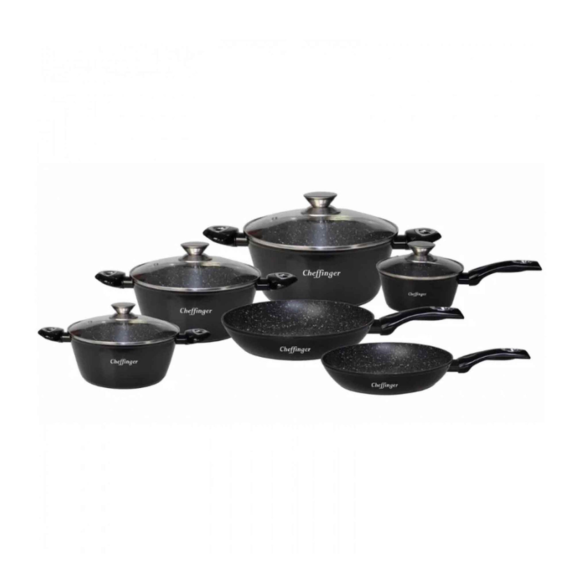 Produktbeschreibung
Das 10-teilige Kochgeschirr-Set von Cheffinger mit Marmorbeschichtung ist eine stilvolle und funktionale Kollektion von Töpfen und Pfannen, die Ihr Kocherlebnis auf ein neues Niveau heben wird. Das Set umfasst Töpfe und Pfannen in verschiedenen Größen und Ausführungen, darunter ein kleiner, ein mittlerer und ein großer Schmortopf, eine kleine Stielkasserolle, eine mittlere Bratpfanne und eine große Sauteuse.

Alle Teile des Sets sind mit wunderschönem, robustem Marmor überzogen und verle