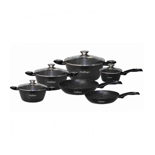 Produktbeschreibung
Das 10-teilige Kochgeschirr-Set von Cheffinger mit Marmorbeschichtung ist eine stilvolle und funktionale Kollektion von Töpfen und Pfannen, die Ihr Kocherlebnis auf ein neues Niveau heben wird. Das Set umfasst Töpfe und Pfannen in verschiedenen Größen und Ausführungen, darunter ein kleiner, ein mittlerer und ein großer Schmortopf, eine kleine Stielkasserolle, eine mittlere Bratpfanne und eine große Sauteuse.

Alle Teile des Sets sind mit wunderschönem, robustem Marmor überzogen und verle