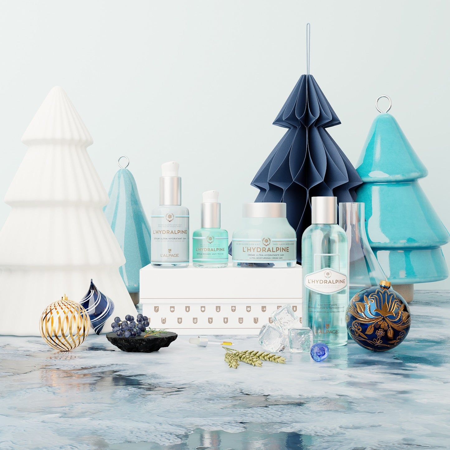 Set ou Coffret Cadeau Crème Visage Hydratante 24h + Sérum Visage Hydratante 24h + Serum Regard Anti-Poche + Eau Tonifiante Démaquillante L'HYDRALPINE