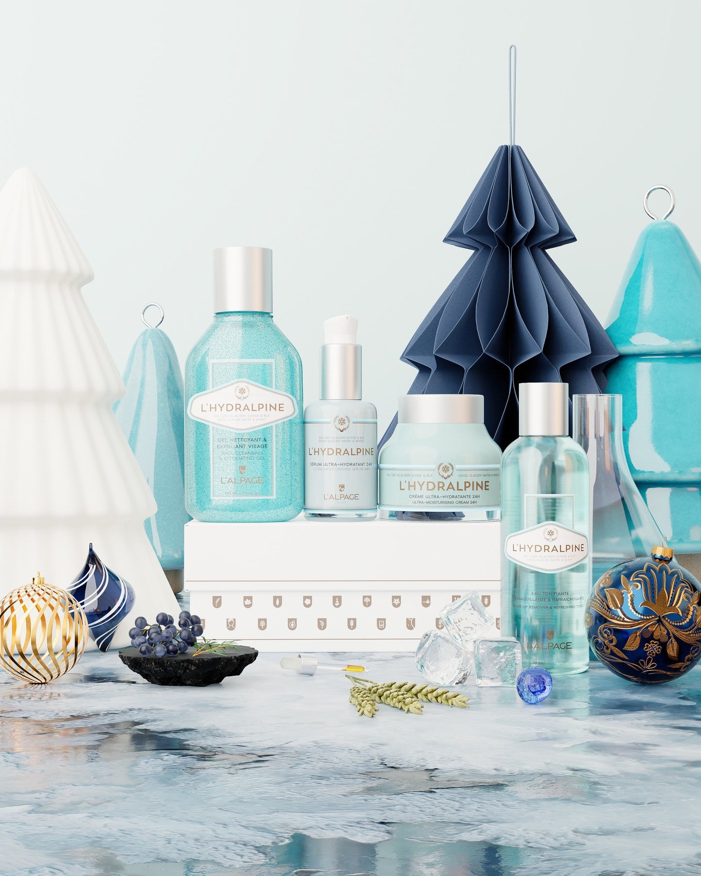 Set ou Coffret Cadeau Crème Visage Hydratante 24h + Sérum Visage Hydratante 24h + Eau Tonifiante + Gel Nettoyant Exfoliant L'HYDRALPINE