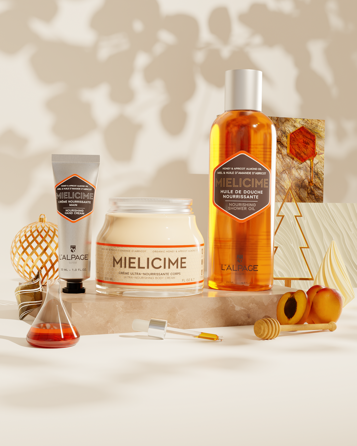 Set ou Coffret Cadeau TRIO Crème Corps 200ml + Crème Main + Huile Douche Mielicime