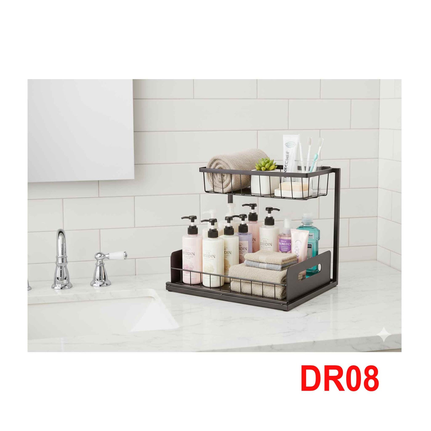 DR08-Mehrzweck Unter Waschbecken Regal 2 Etagen Spülschrank Organizer Unterschrankregal Metall Spülbecken Badezimmer Küche
