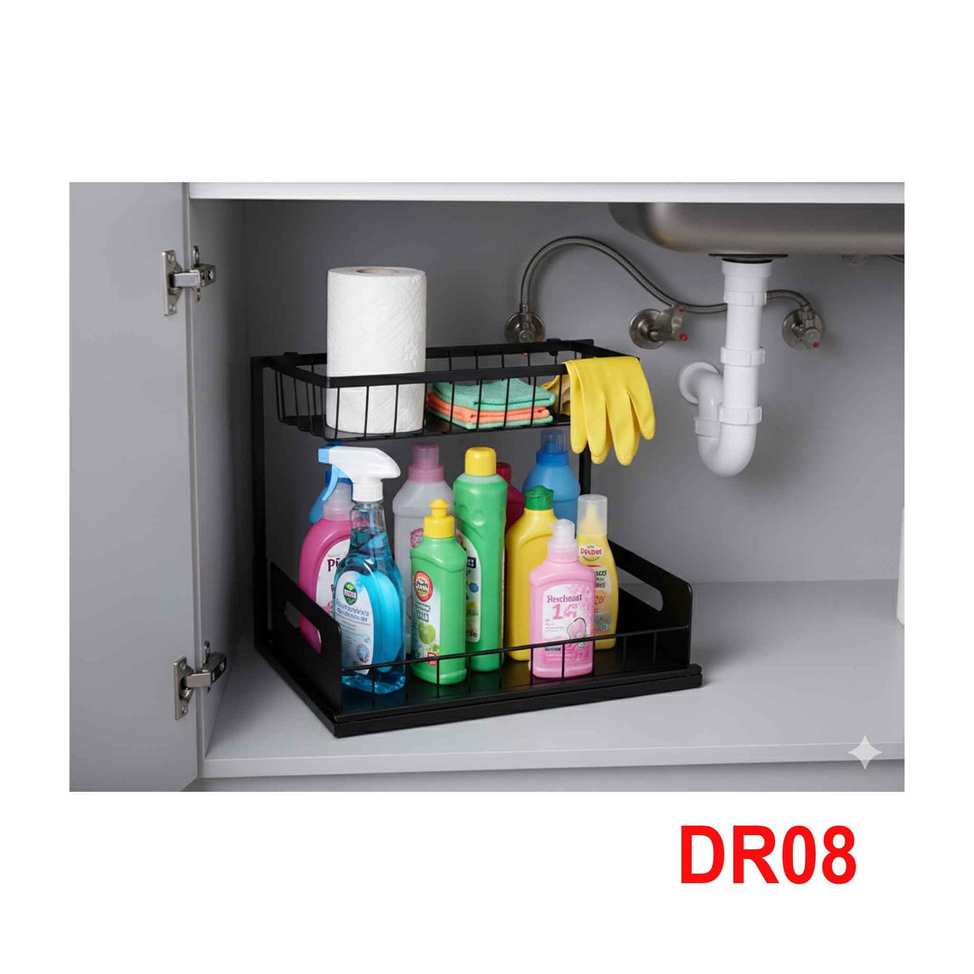 DR08-Mehrzweck Unter Waschbecken Regal 2 Etagen Spülschrank Organizer Unterschrankregal Metall Spülbecken Badezimmer Küche
