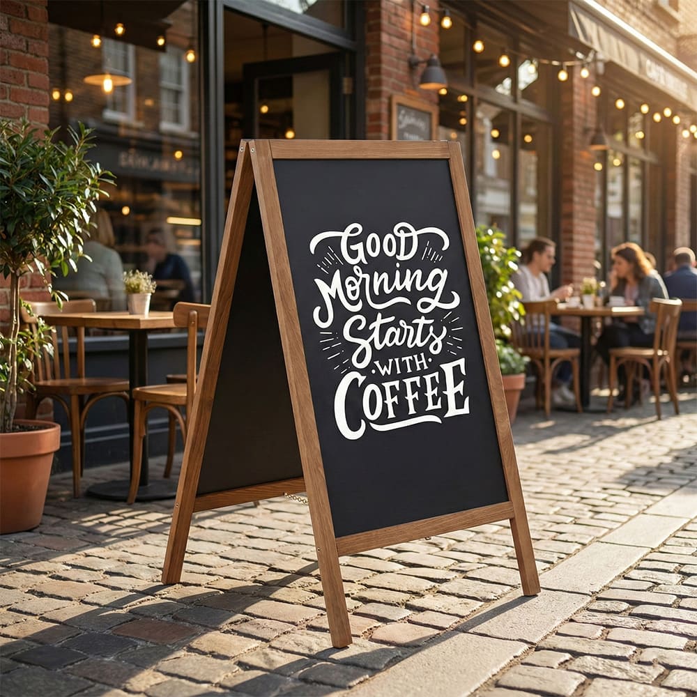 Holz Kundenstopper 95x54cm, Magnetisch, Dunkelbraun, Outdoor