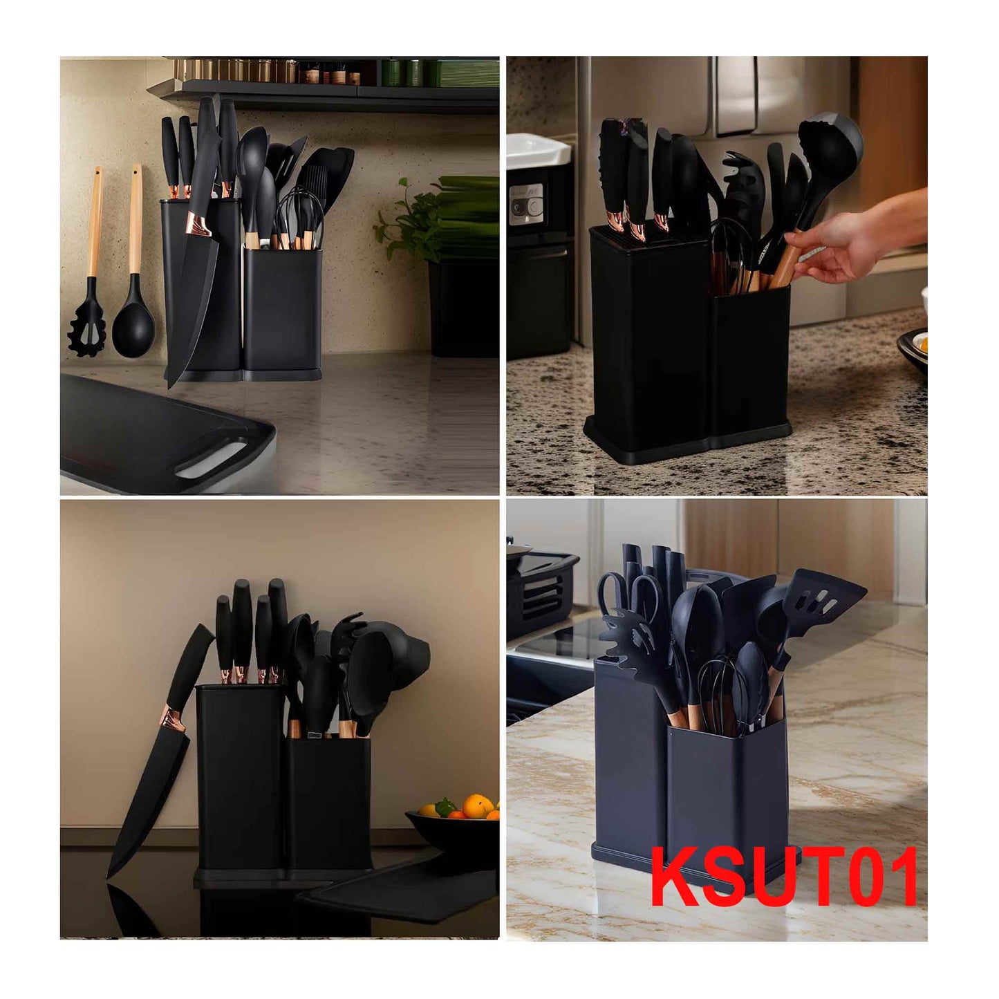 KSUT01-19-tlg Messerset & Küchenhelfer Kochbesteck Set Silikon Holzgriff Schneidebrett