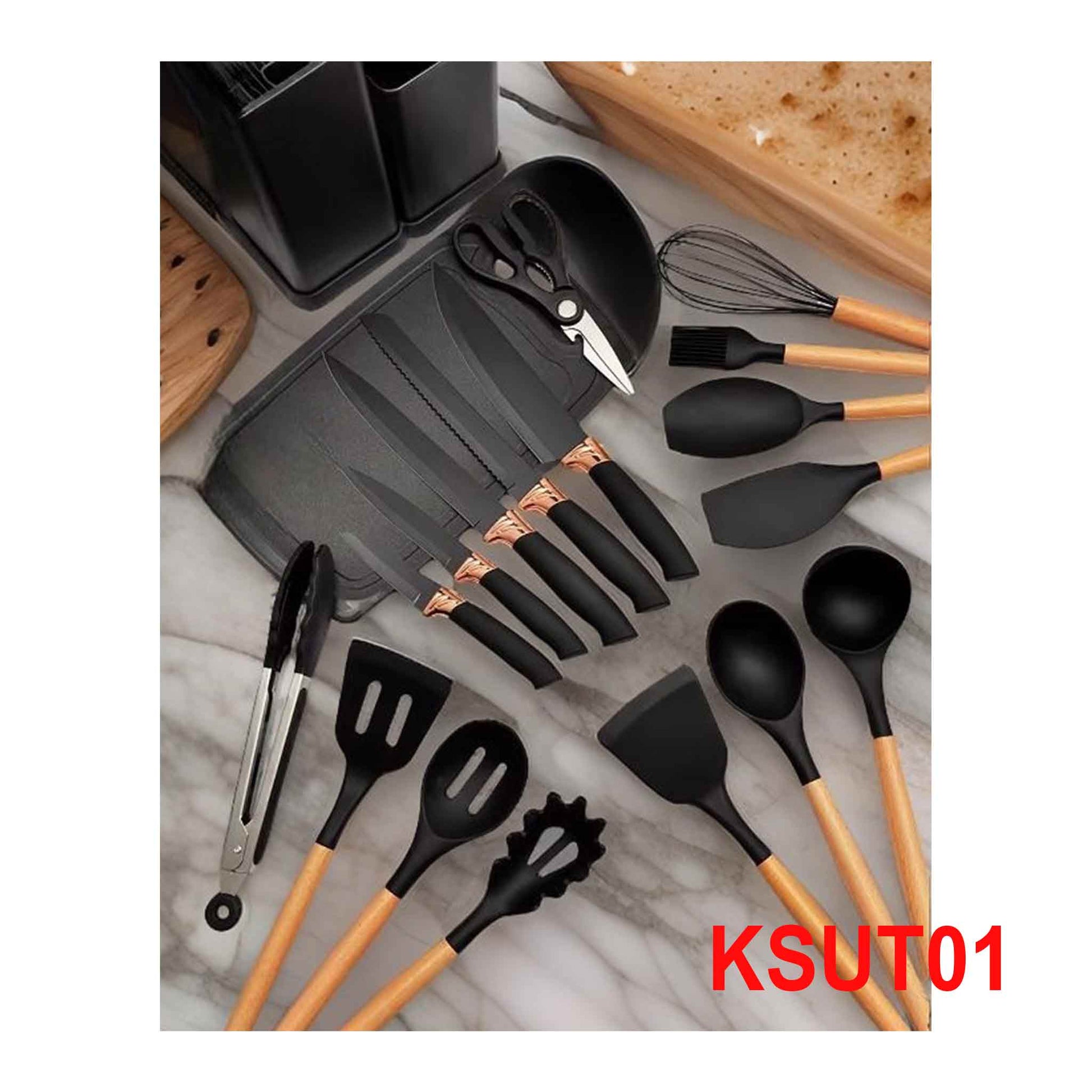 KSUT01-19-tlg Messerset & Küchenhelfer Kochbesteck Set Silikon Holzgriff Schneidebrett