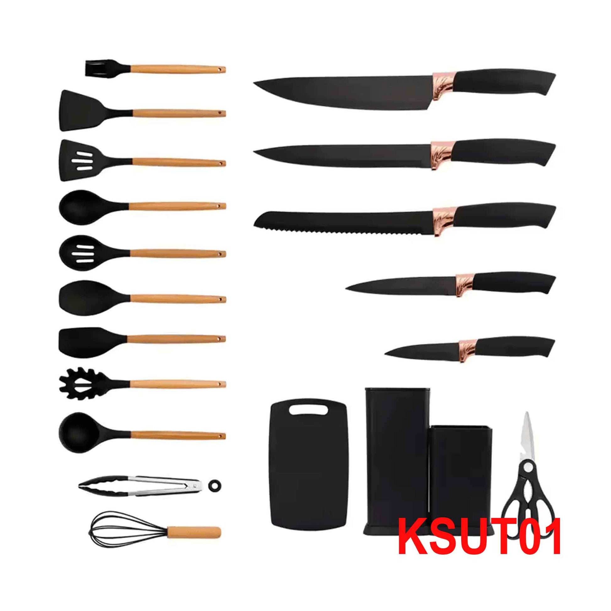 KSUT01-19-tlg Messerset & Küchenhelfer Kochbesteck Set Silikon Holzgriff Schneidebrett