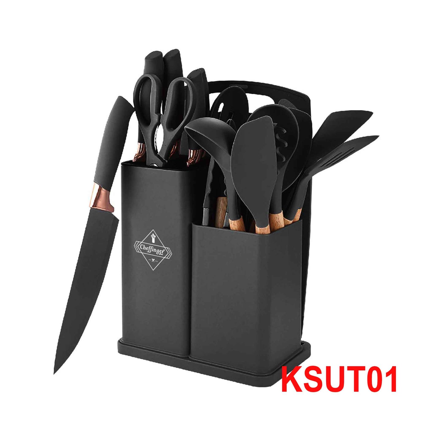 KSUT01-19-tlg Messerset & Küchenhelfer Kochbesteck Set Silikon Holzgriff Schneidebrett