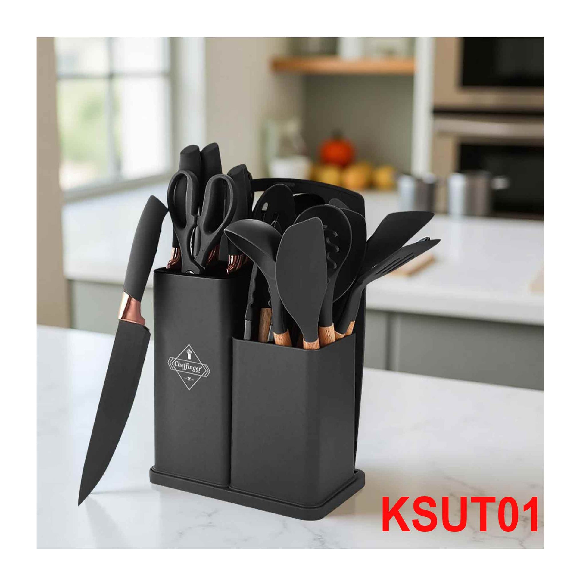 KSUT01-19-tlg Messerset & Küchenhelfer Kochbesteck Set Silikon Holzgriff Schneidebrett