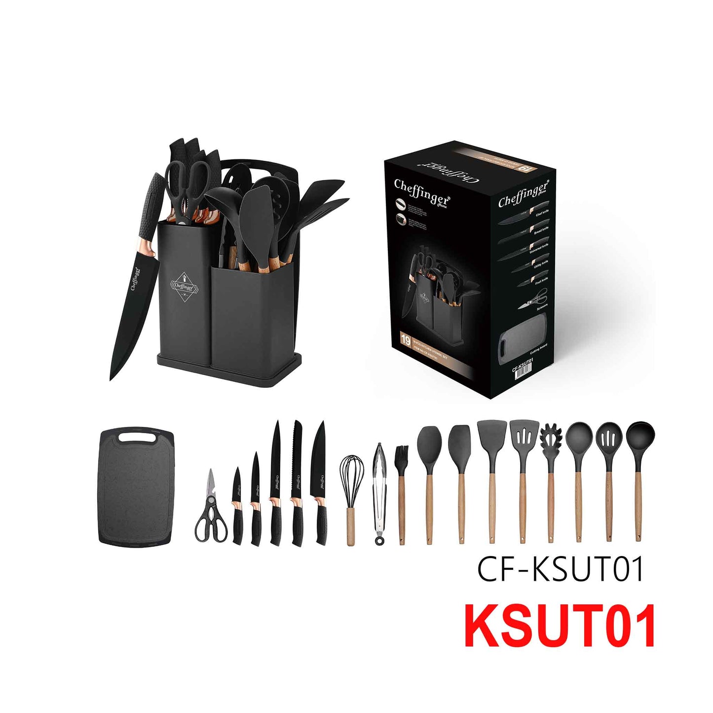 KSUT01-19-tlg Messerset & Küchenhelfer Kochbesteck Set Silikon Holzgriff Schneidebrett